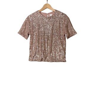 H&M Sequin Crew Neck Top Womens Size XSmall Pink Short Sleeves Cocktail‎ Party